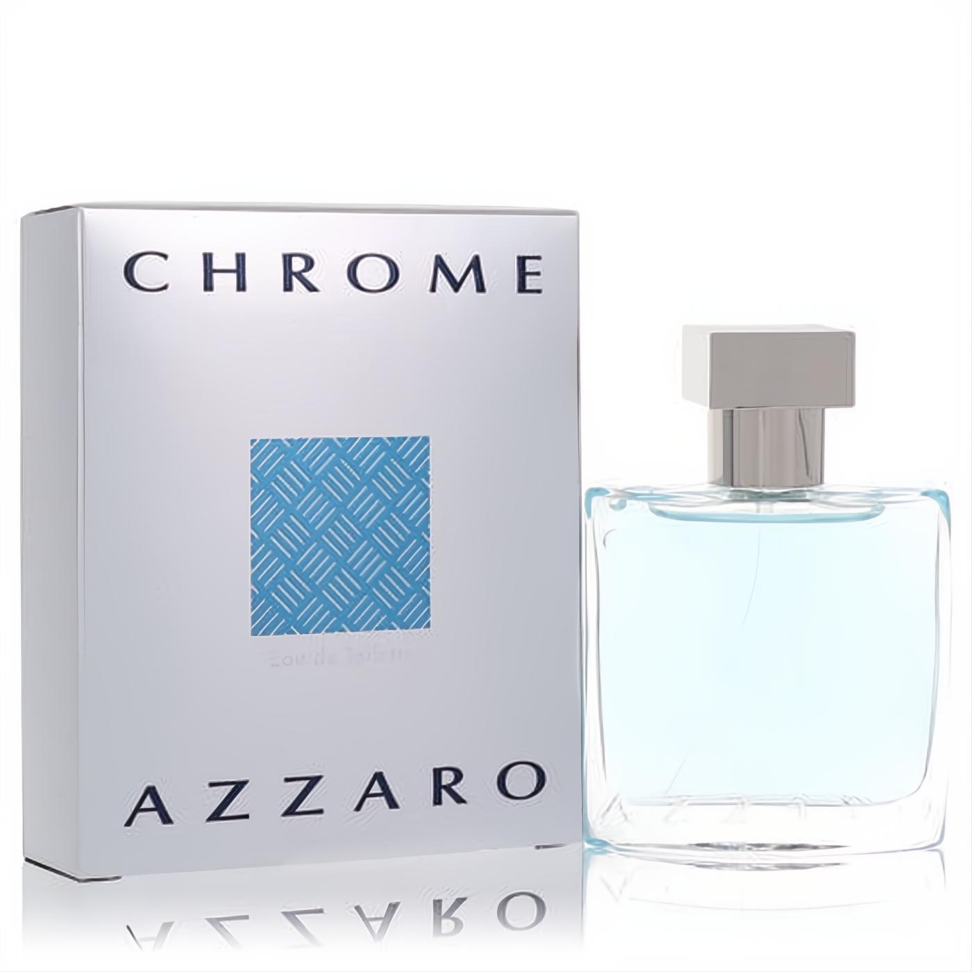 Azzaro Chrome men's EDT spray: modern clear glass bottle with refreshing light blue liquid, silver cap, and white box with blue grid.