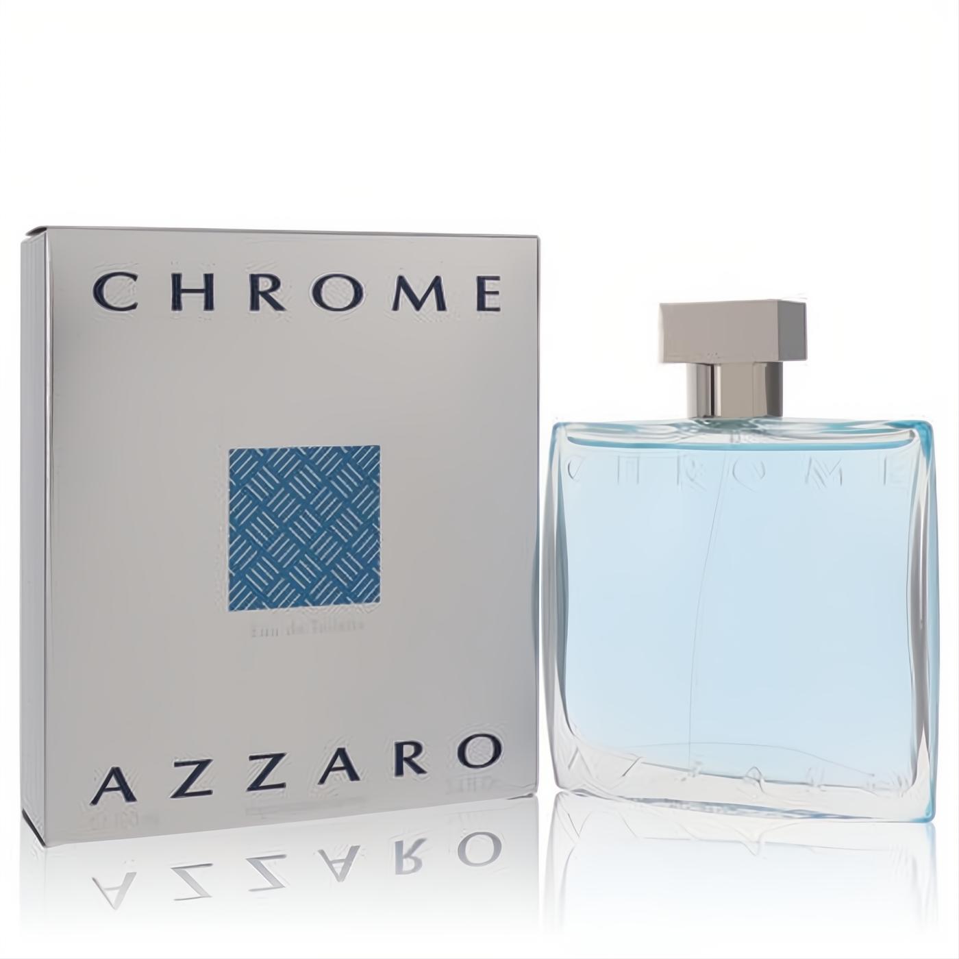 Azzaro Chrome men's 3.4 oz EDT. Modern silver box with blue grid, clear glass bottle holding refreshing blue fragrance.