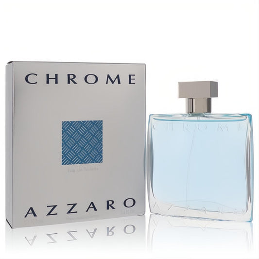 Azzaro Chrome men's 3.4 oz EDT. Modern silver box with blue grid, clear glass bottle holding refreshing blue fragrance.
