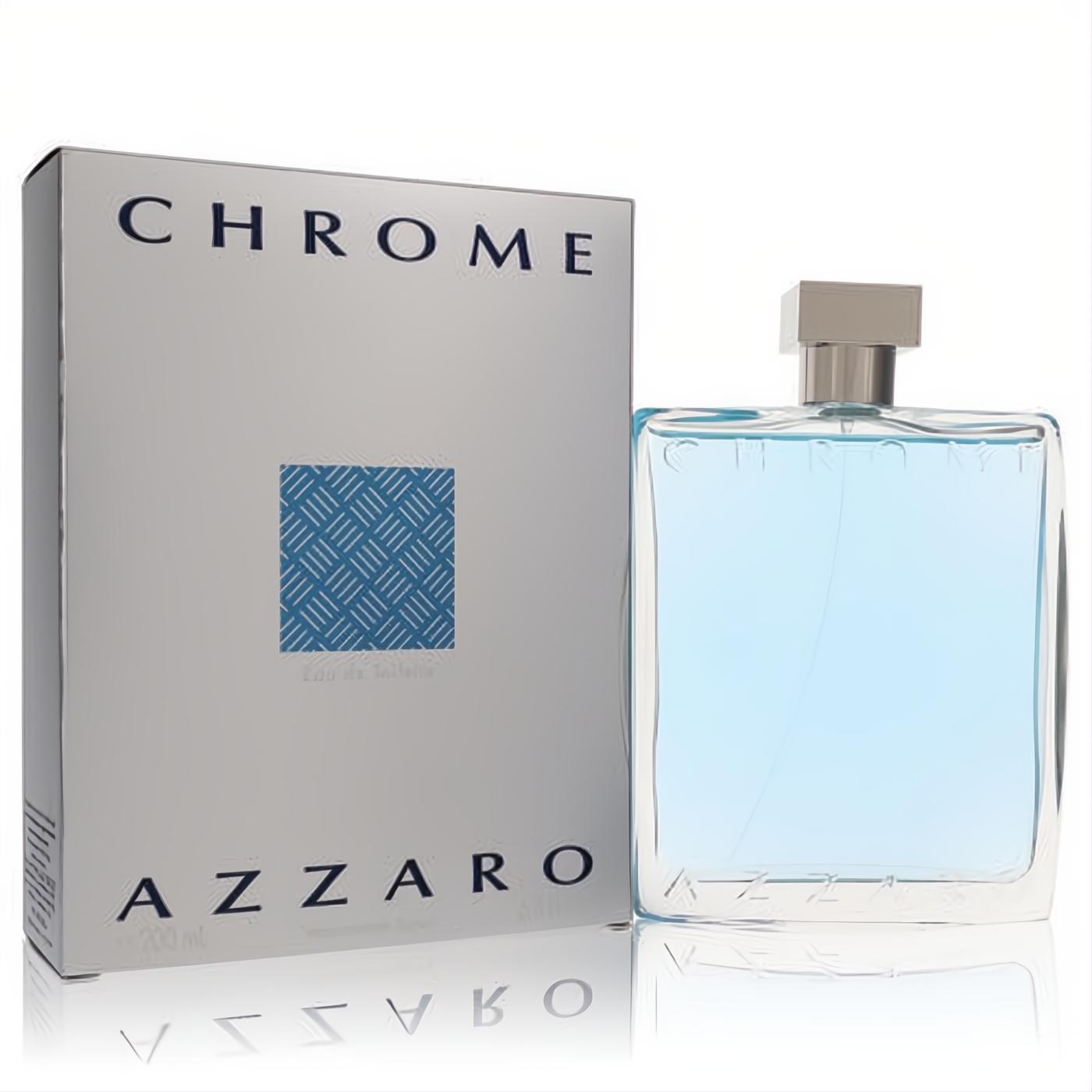 Azzaro Chrome 6.8 oz EDT spray. Sleek clear glass bottle with refreshing blue liquid, silver cap, and modern box.