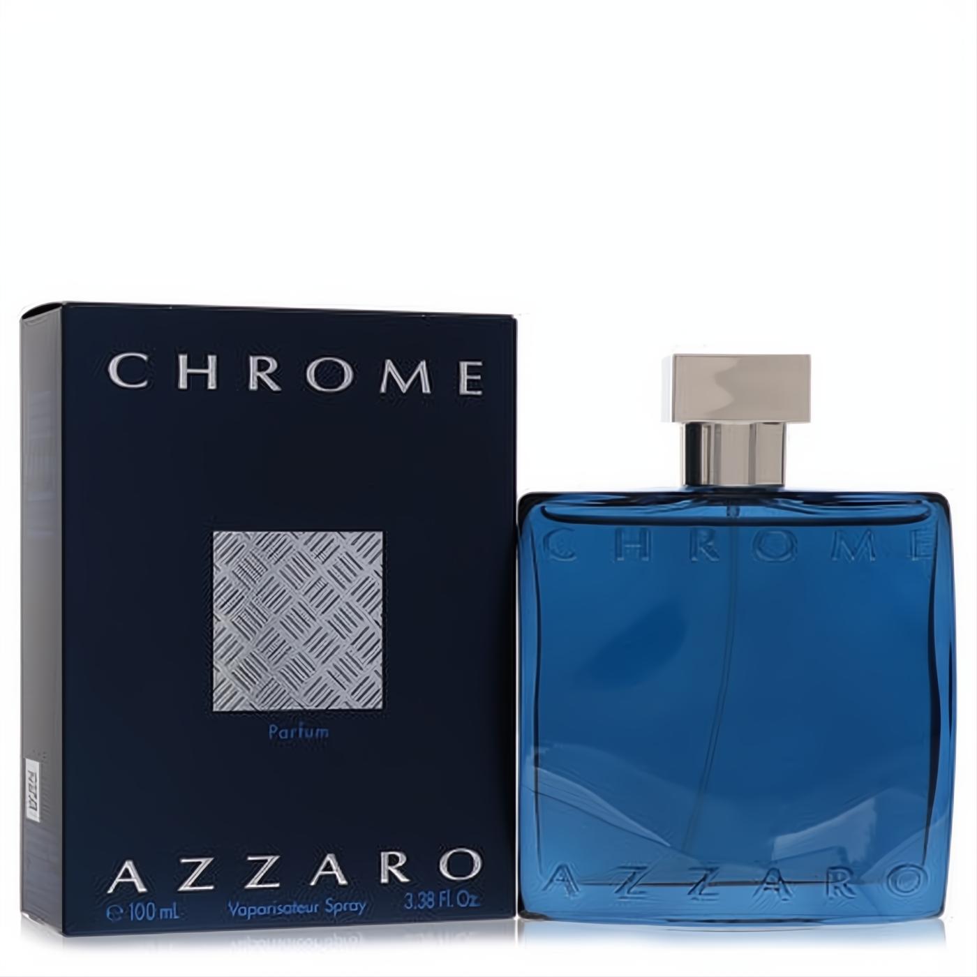 Azzaro Chrome 3.4 oz men's parfum spray. Iconic deep blue bottle with a modern silver cap, alongside its elegant packaging.