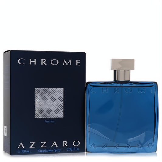Azzaro Chrome 3.4 oz men's parfum spray. Iconic deep blue bottle with a modern silver cap, alongside its elegant packaging.