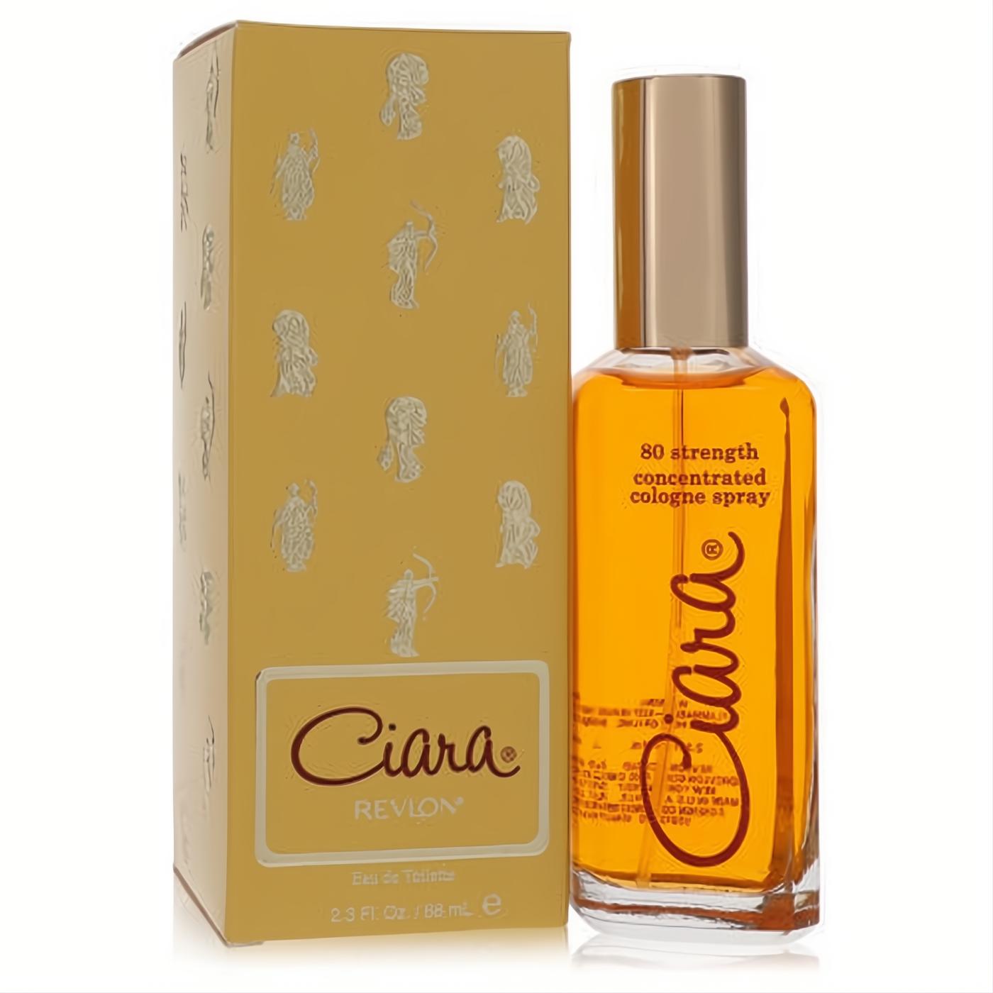 Ciara 80% Revlon 2.3 oz Eau de Toilette spray. Amber liquid in a clear bottle with gold cap, beside its elegant gold box.
