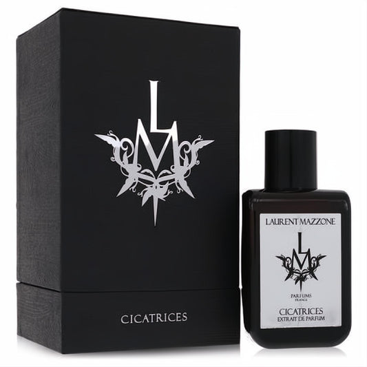 Laurent Mazzone Cicatrices 3.3 oz Extrait De Parfum. Sleek black bottle with a striking silver LM logo and elegant matching luxury box.