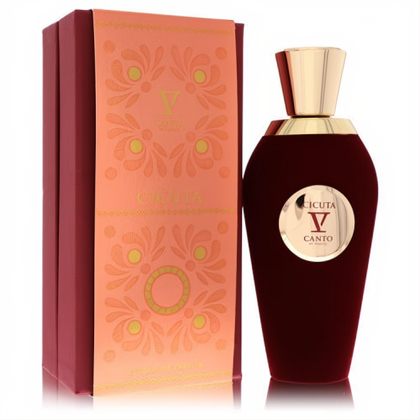 Elegant Cicuta V by V Canto unisex perfume: deep burgundy velvet bottle, gold cap, and ornate peach-toned box.