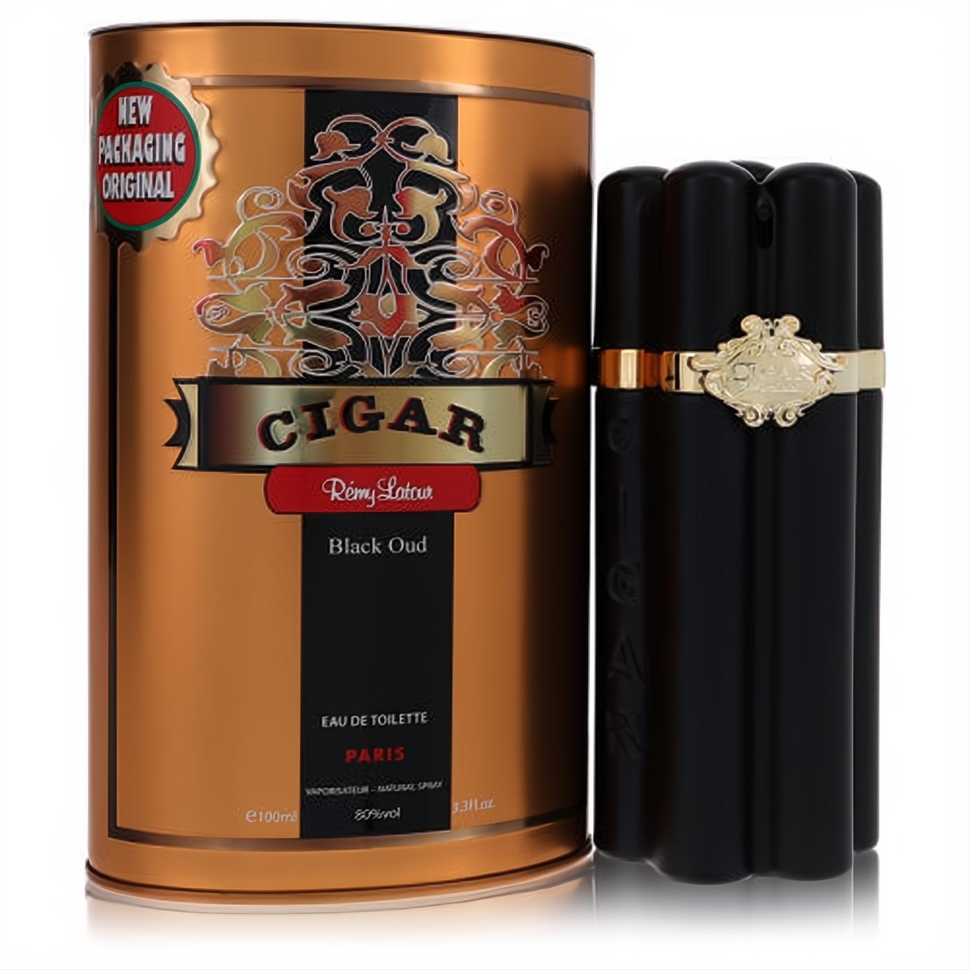 Distinctive Remy Latour Cigar Black Oud 3.3 oz EDT spray in a sleek black ridged bottle with elegant gold accents and matching bronze tin.