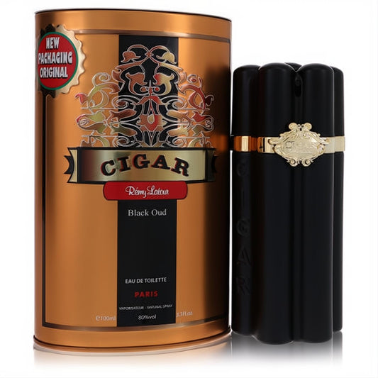 Distinctive Remy Latour Cigar Black Oud 3.3 oz EDT spray in a sleek black ridged bottle with elegant gold accents and matching bronze tin.