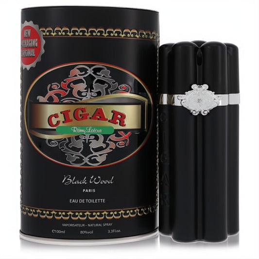 Masculine Remy Latour Cigar Black Wood 3.3 oz EDT spray in a sleek black ribbed bottle with silver emblem and ornate box.