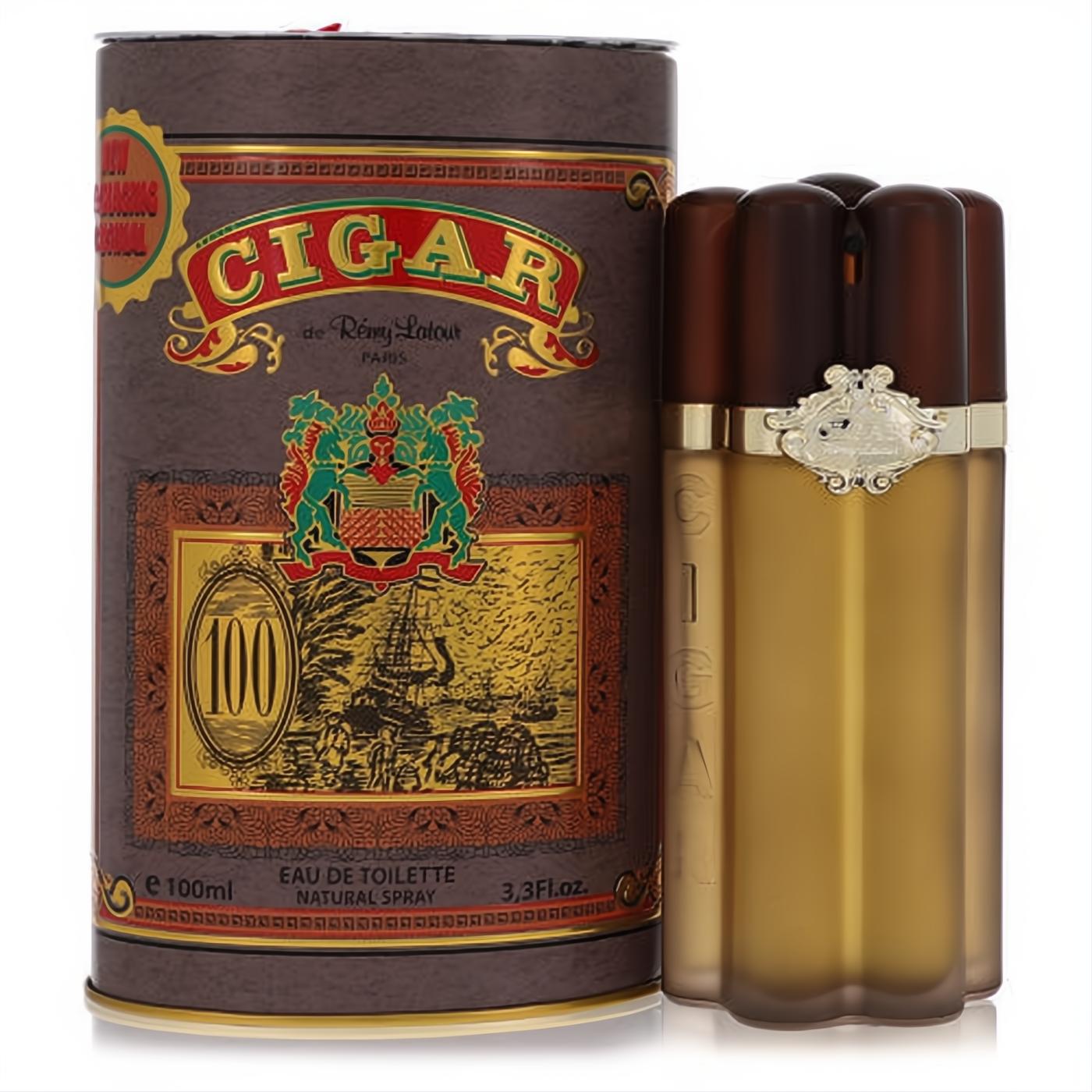 Remy Latour Cigar EDT 3.3 fl.oz. Masculine gold frosted bottle with unique cigar-bundle design, elegant silver emblem, and ornate brown tin.