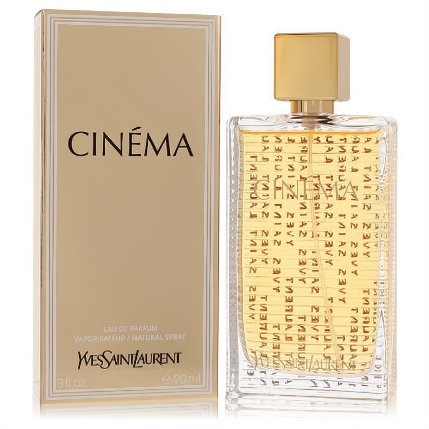 Elegant YSL Cinema Eau De Parfum 3 oz spray. Golden liquid in a clear, textured glass bottle with a gold cap, next to its luxurious gold box.