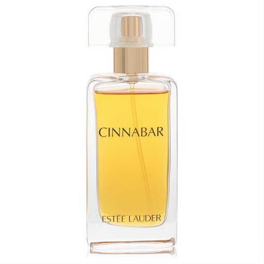 Estee Lauder Cinnabar 1.7 oz Eau de Parfum. Elegant clear glass bottle, warm amber liquid, and gold accents.