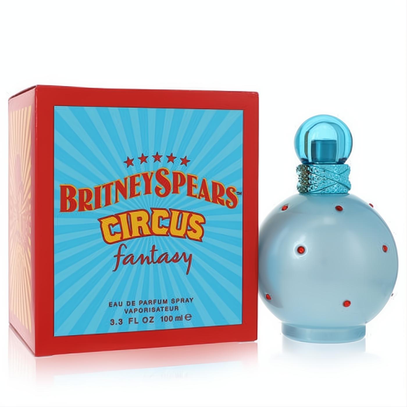 Captivating Britney Spears Circus Fantasy 3.3 oz EDP spray: light blue polka dot bottle, blue cap, and bold red circus box.