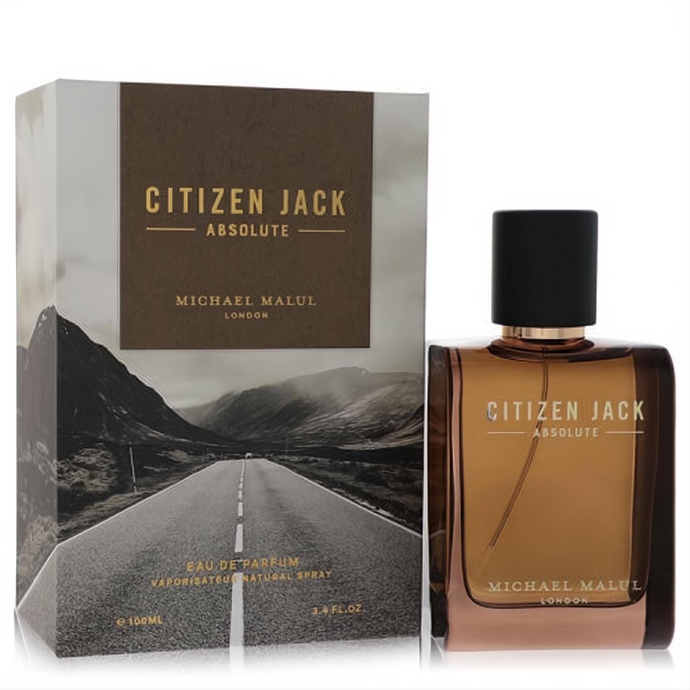 Citizen Jack Absolute by Michael Malul 3.4 oz EDP. Sleek brown glass bottle, black cap, and adventure road box.