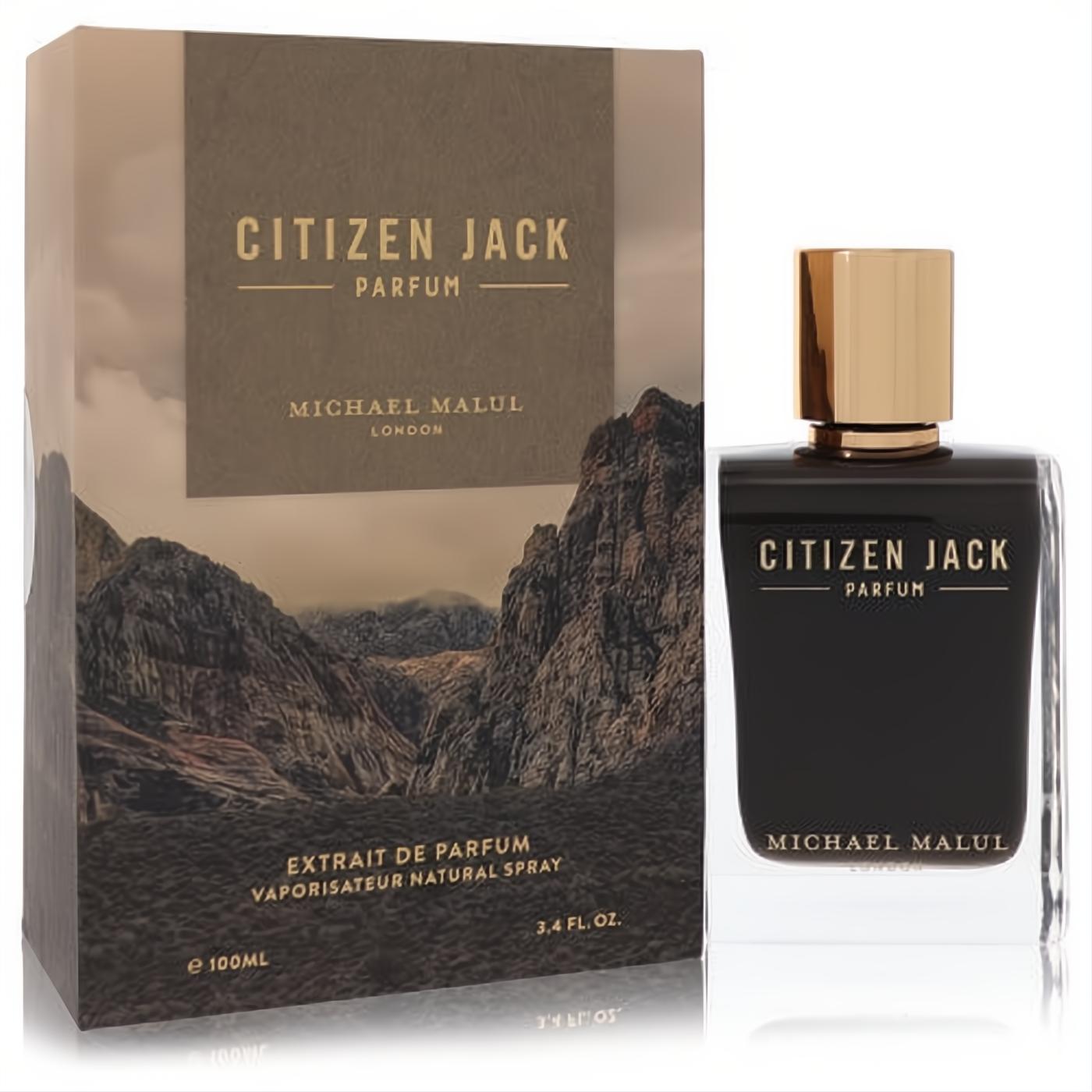 Citizen Jack Michael Malul Extrait De Parfum 3.4 oz in a sleek black bottle with a luxurious gold cap, displayed with its rugged mountain box.