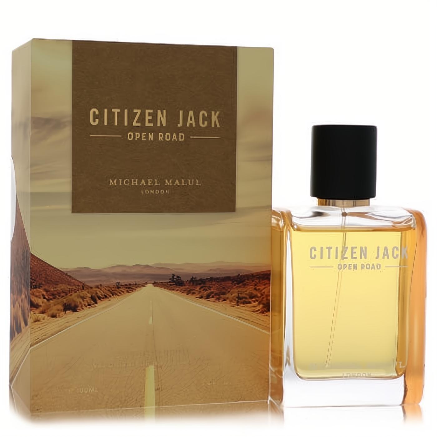 Citizen Jack Open Road by Michael Malul 3.4 oz men's EDP. Clear bottle, golden fragrance, black cap, and bold desert road box.