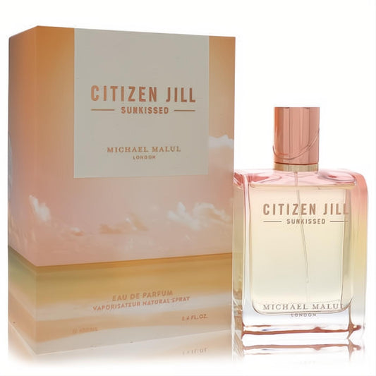 Citizen Jill Sunkissed 3.4 oz EDP. Clear bottle glows with sunset hues, elegant rose gold cap and box.
