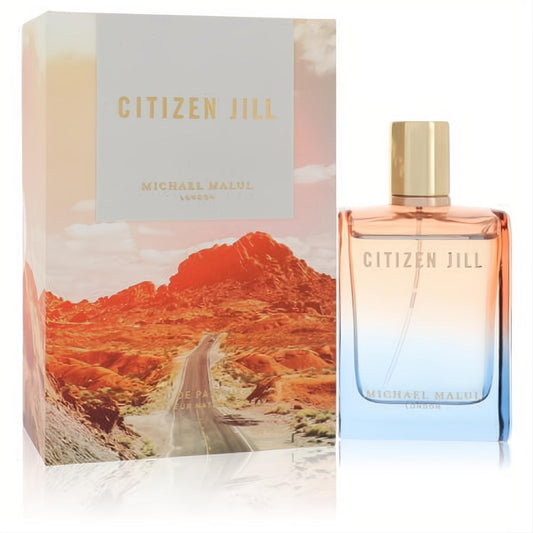 Experience Citizen Jill Michael Malul 3.4 oz EDP. Elegant ombre peach-blue glass bottle, gold cap, paired with its captivating desert box.