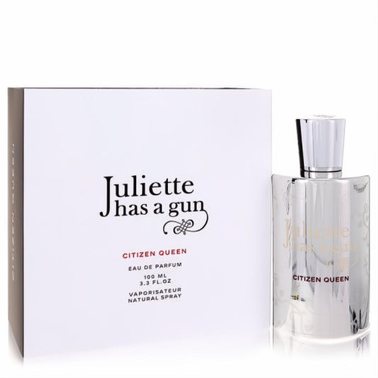 Luxurious Juliette Has a Gun Citizen Queen 3.3 oz Eau De Parfum. Elegant white box and sleek silver bottle for women.