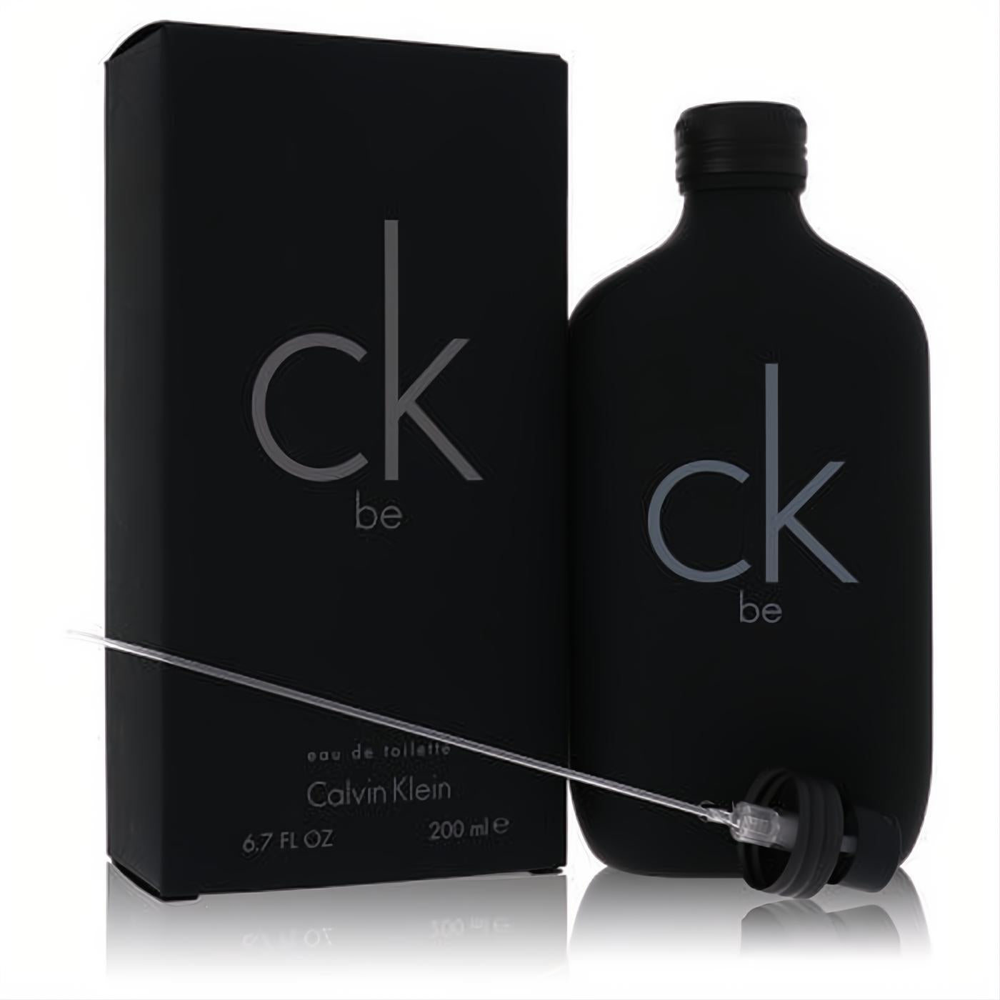 Experience Ck Be: a sleek, matte black Calvin Klein 6.7 oz unisex eau de toilette spray bottle and matching box.