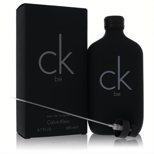 Experience Ck Be: a sleek, matte black Calvin Klein 6.7 oz unisex eau de toilette spray bottle and matching box.