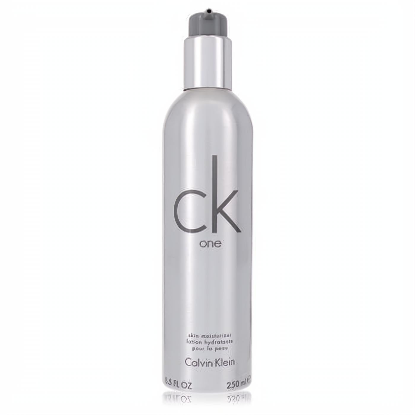CK One unisex skin moisturizer: 8.5 oz sleek silver bottle with a convenient gray pump.