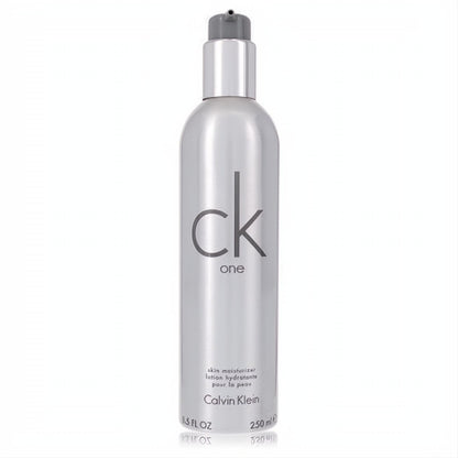 CK One unisex skin moisturizer: 8.5 oz sleek silver bottle with a convenient gray pump.
