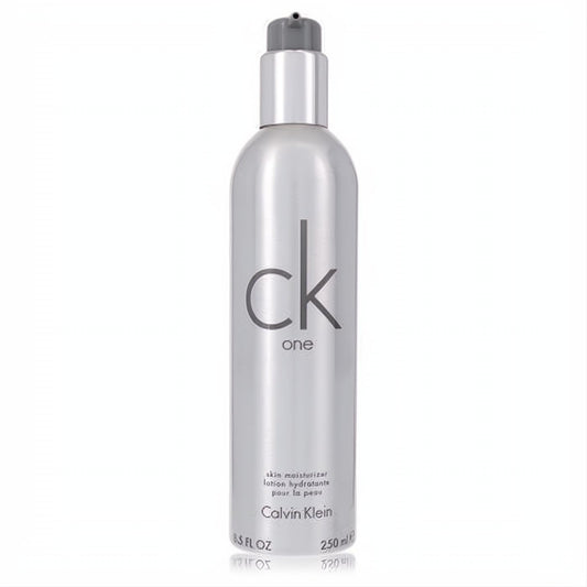 CK One unisex skin moisturizer: 8.5 oz sleek silver bottle with a convenient gray pump.