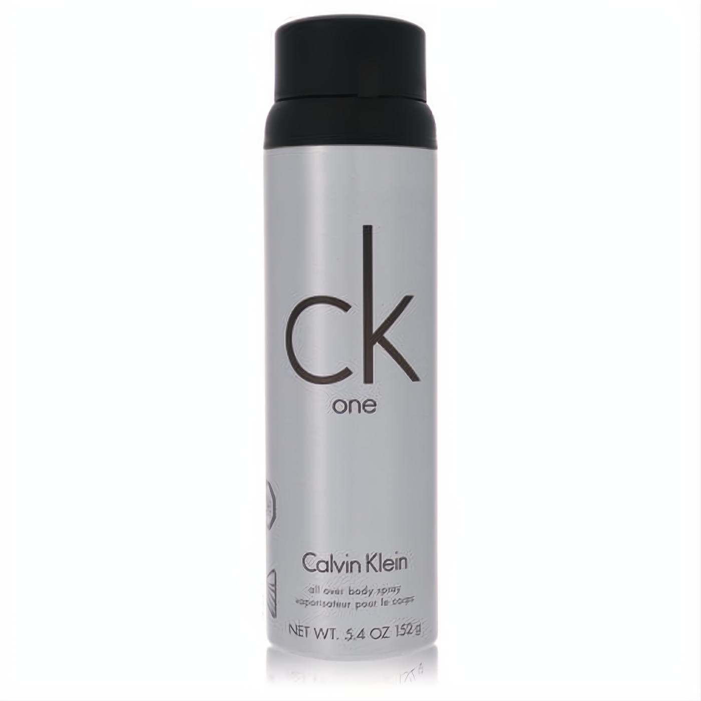 Modern silver CK One Calvin Klein unisex body spray, 5.4 oz, with iconic black logo and sleek black cap.