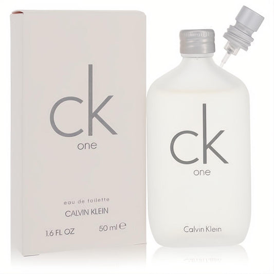 Sleek CK One Calvin Klein 1.6 oz Eau de Toilette in a frosted white bottle with silver cap and spray, next to its crisp white box.