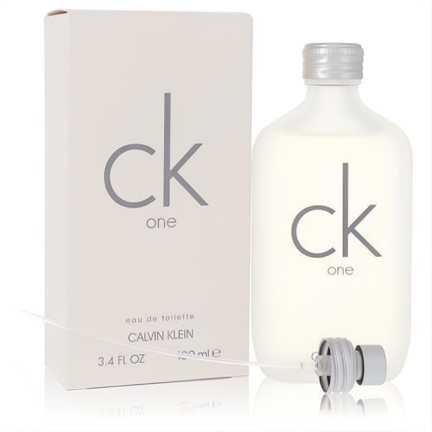 CK One Calvin Klein 3.4 oz unisex eau de toilette. Frosted glass bottle, silver spray cap, and elegant white box.