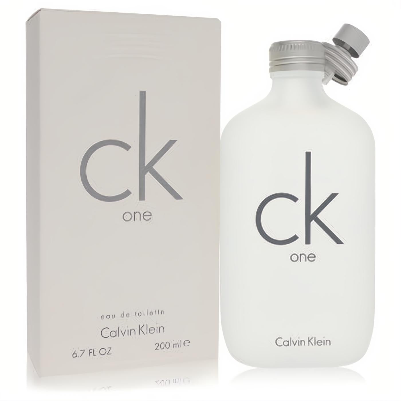 Sleek Ck One Calvin Klein 6.7 oz frosted white unisex Eau de Toilette bottle with open silver cap and matching box.