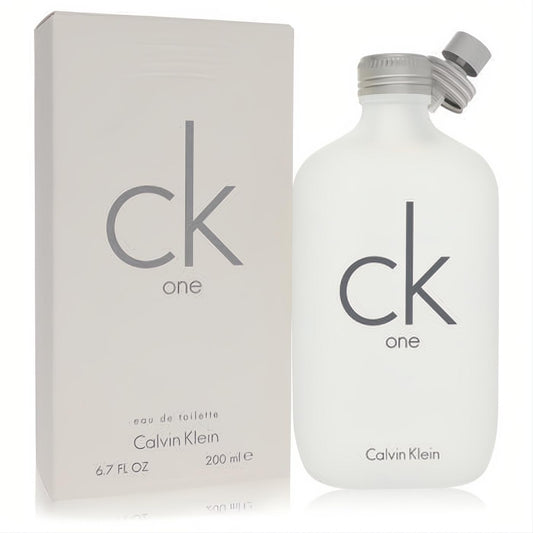 Sleek Ck One Calvin Klein 6.7 oz frosted white unisex Eau de Toilette bottle with open silver cap and matching box.