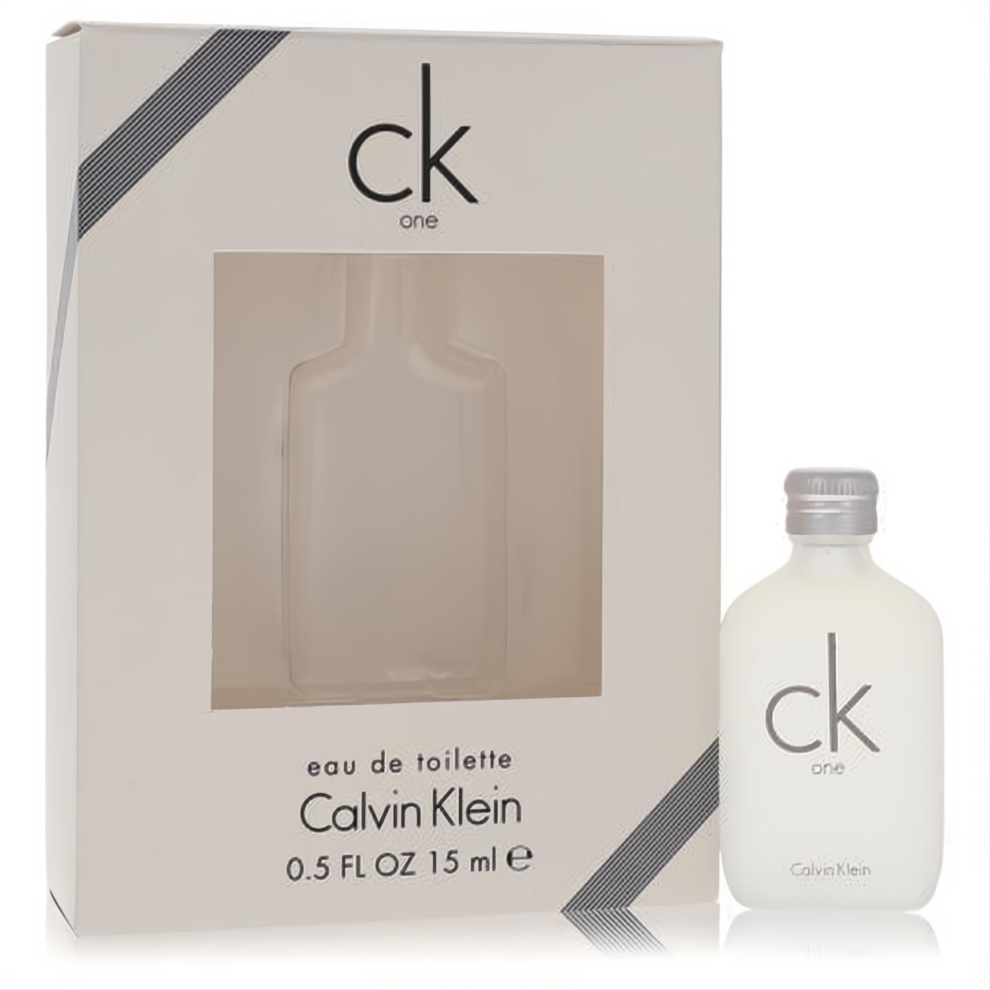 Sleek CK One Calvin Klein 0.5 oz Eau De Toilette. Frosted white bottle with silver cap, displayed with its modern white packaging.