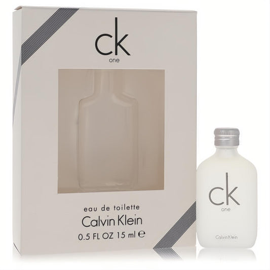 Sleek CK One Calvin Klein 0.5 oz Eau De Toilette. Frosted white bottle with silver cap, displayed with its modern white packaging.