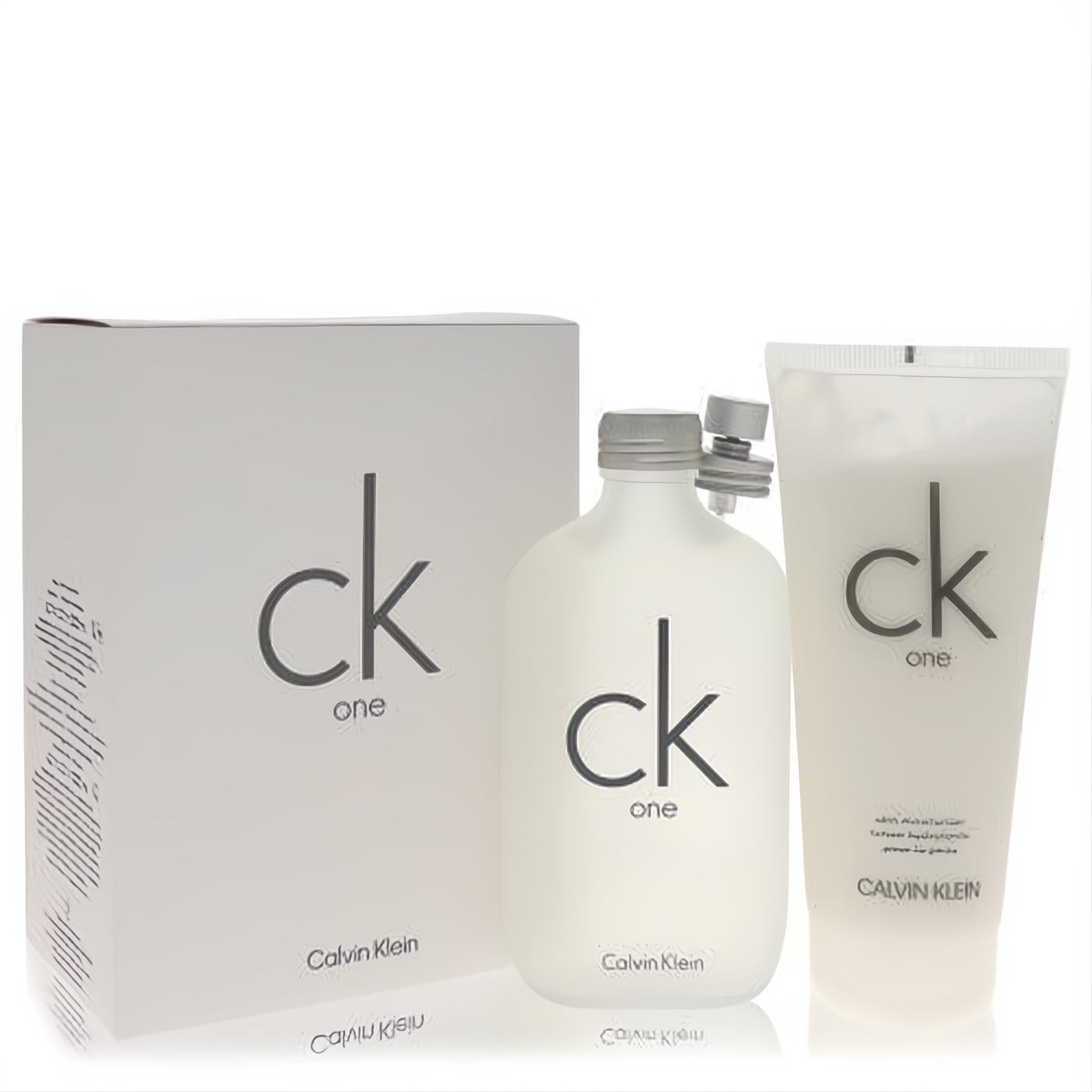 Iconic Ck One Calvin Klein unisex fragrance gift set with 6.7 oz white EDT spray and translucent body moisturizer.