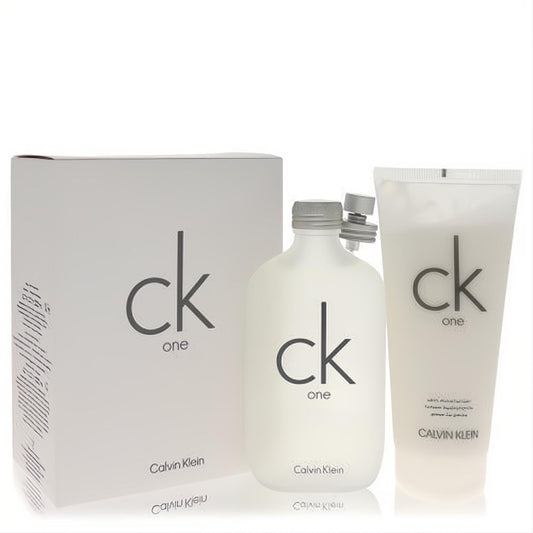 Iconic Ck One Calvin Klein unisex fragrance gift set with 6.7 oz white EDT spray and translucent body moisturizer.