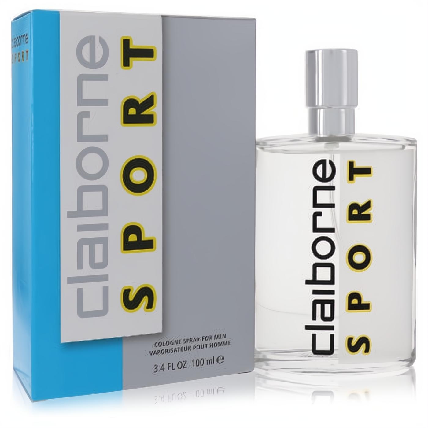 Claiborne Sport 3.4 oz men's cologne. Clear bottle with iconic black & yellow logo, sleek grey cap, and modern blue box.