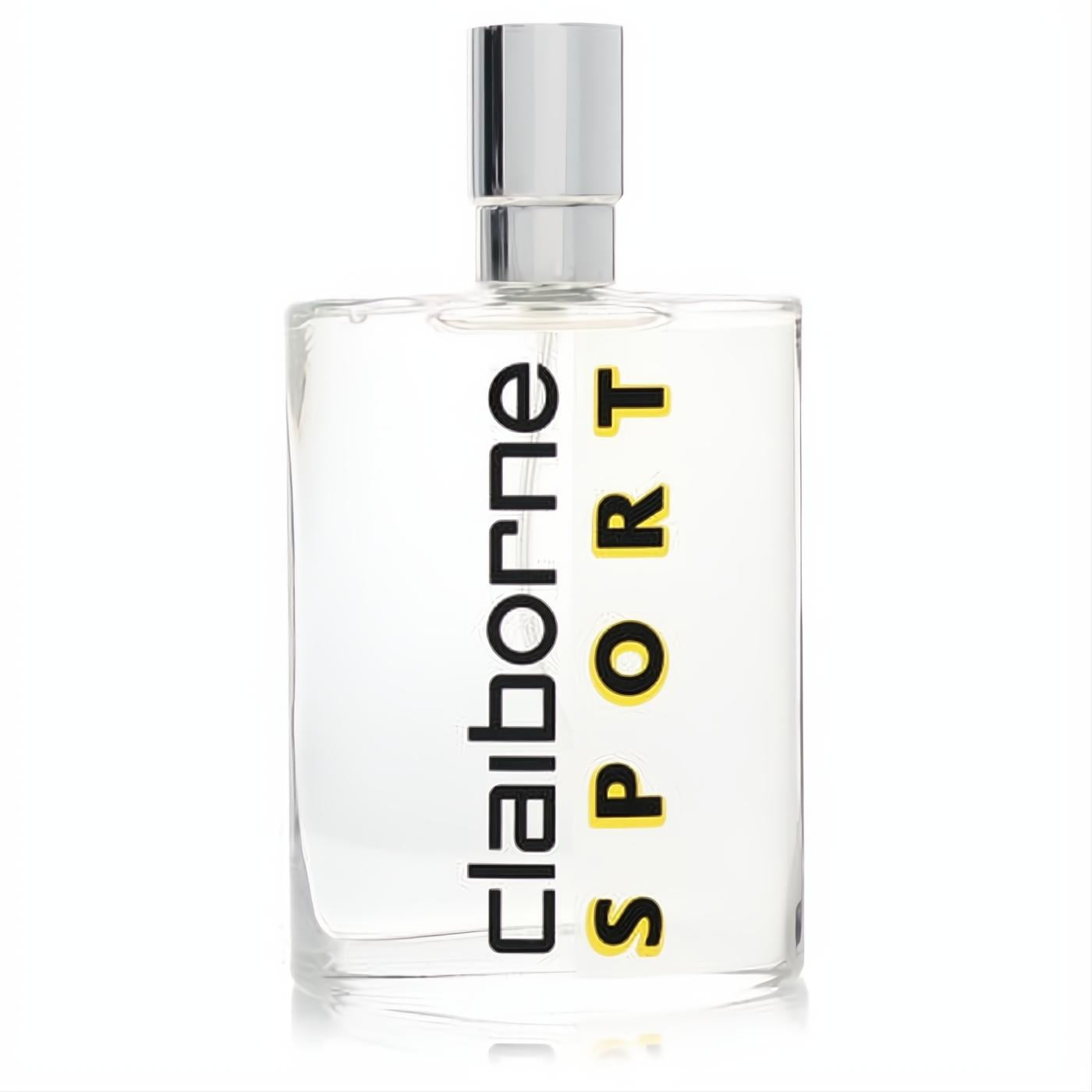 Claiborne Sport 3.4 oz men's cologne spray in a sleek clear glass bottle with a silver cap, featuring bold black and yellow branding.