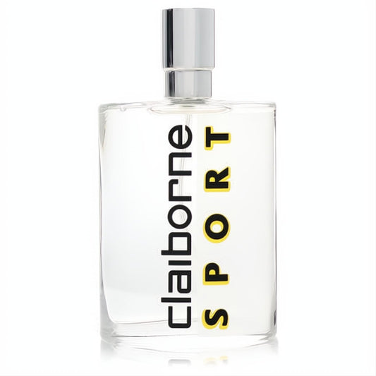 Claiborne Sport 3.4 oz men's cologne spray in a sleek clear glass bottle with a silver cap, featuring bold black and yellow branding.