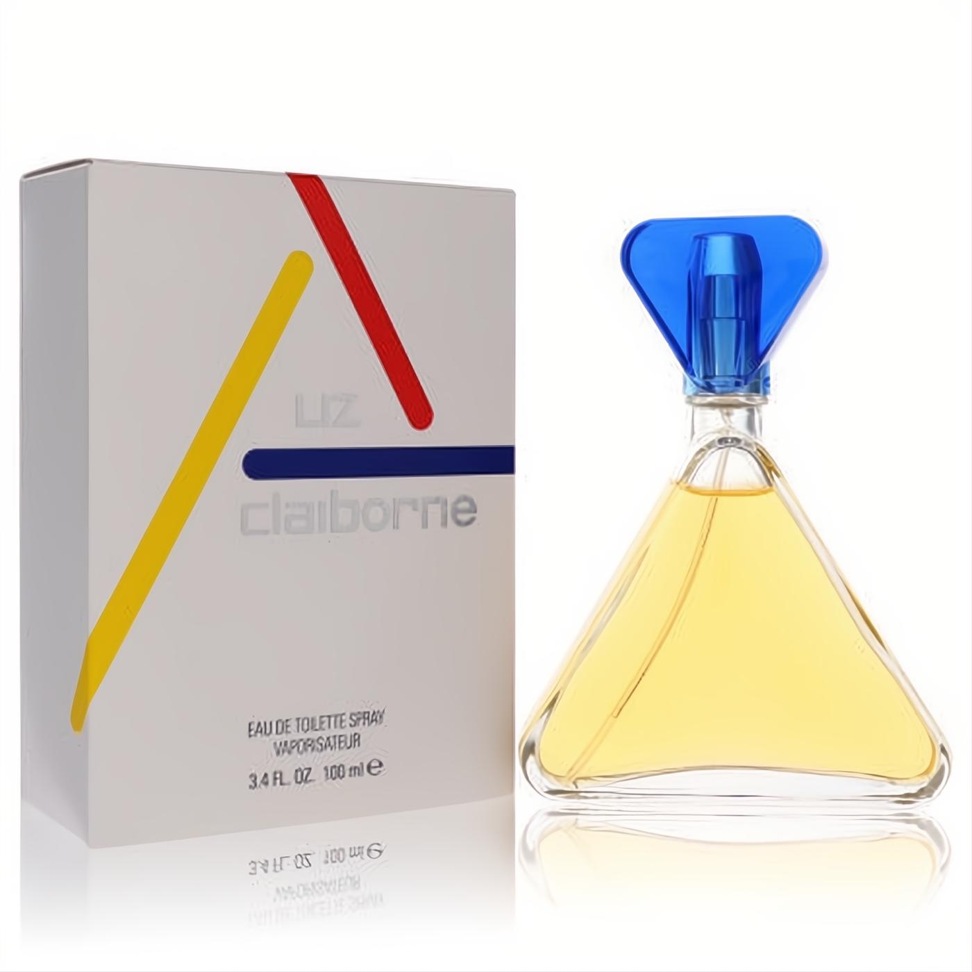 Claiborne Liz Claiborne 3.4 oz EDT. Golden fragrance in a unique triangular glass bottle with a vibrant blue cap, beside its white box.