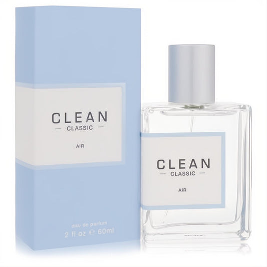 Clean Classic Air 2 fl oz eau de parfum. Sleek clear glass bottle with silver cap and matching light blue box for a fresh, feminine fragrance.