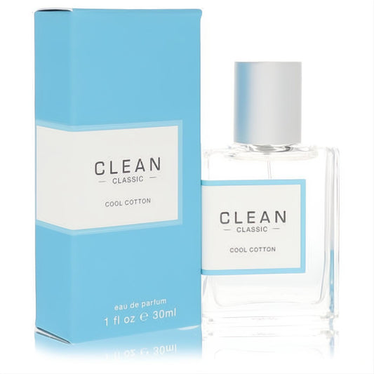 Clean Cool Cotton 1 oz Eau de Parfum. Crisp clear glass bottle with silver cap and minimalist light blue box.