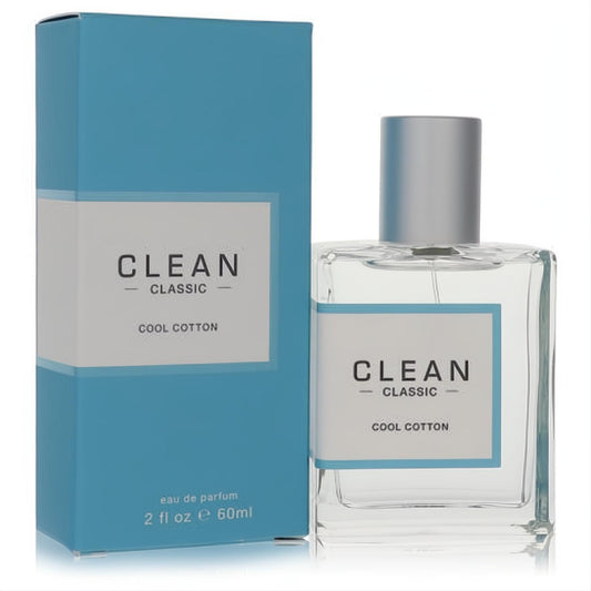 Clean Cool Cotton 2 oz Eau de Parfum. Crisp clear glass bottle with sleek silver cap and vibrant aqua blue box.