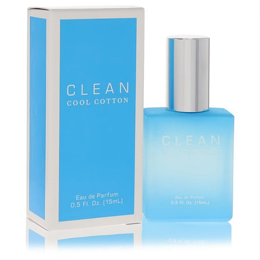 Sleek Clean Cool Cotton .5 oz Eau De Parfum spray, featuring a frosted aqua glass bottle with silver cap and matching blue & white box.