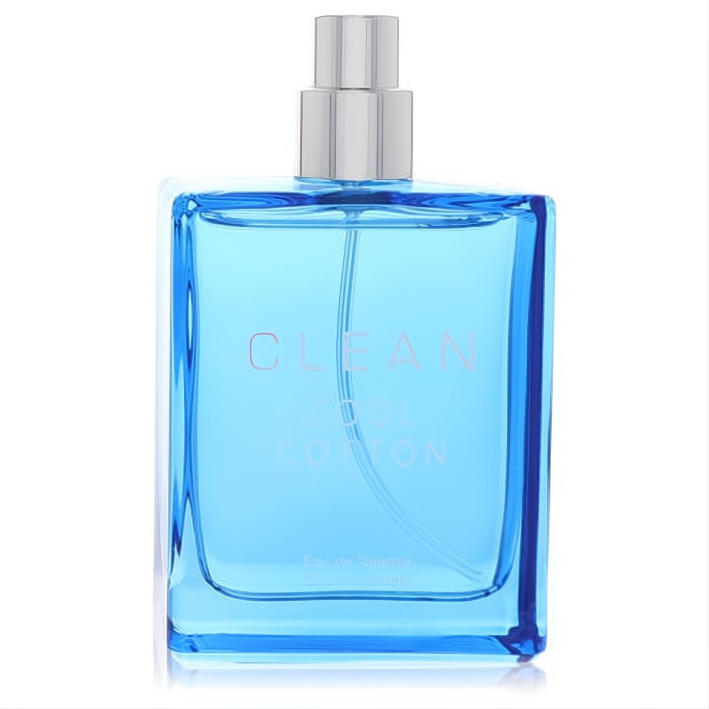 Refreshing Clean Cool Cotton women's Eau De Toilette in a clear glass bottle with vibrant blue liquid and sleek silver sprayer.