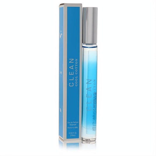 Clean Cool Cotton mini EDP rollerball, 0.34 oz. Sleek glass bottle with refreshing light blue fragrance, silver cap, and vibrant blue box. Perfect for on-the-go freshness.