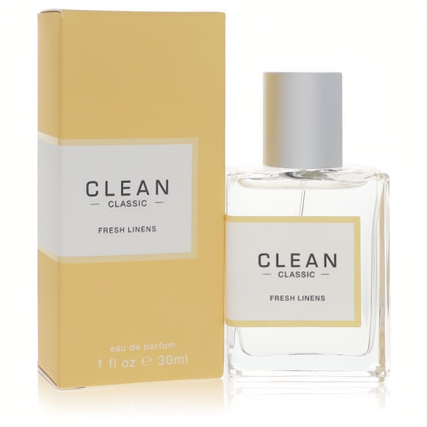 Clean Classic Fresh Linens 1 oz unisex EDP in clear glass bottle with silver cap & light yellow box.