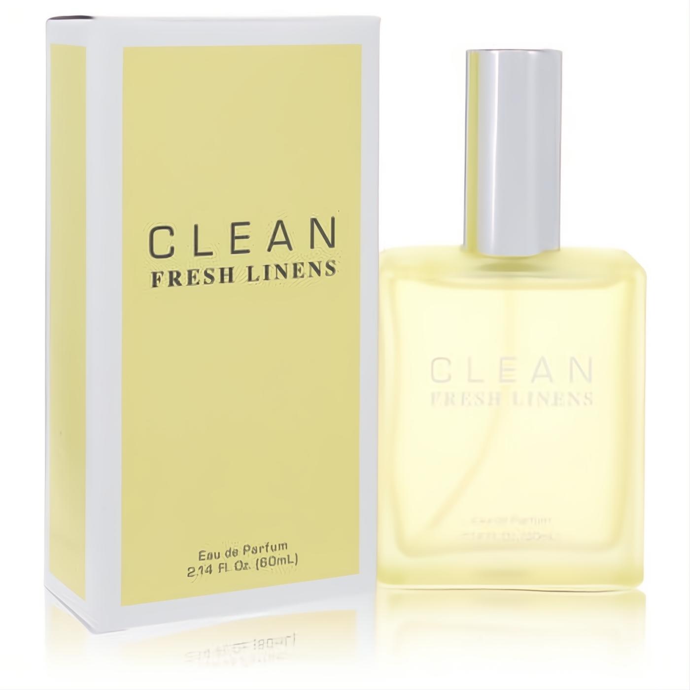 Clean Fresh Linens 2.14 oz unisex EDP: refreshing frosted cream bottle with silver cap, beside its crisp yellow box.