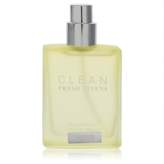 Clean Fresh Linens 1 oz unisex tester EDP. Clear rectangular bottle with pale yellow fragrance, sleek silver spray cap.