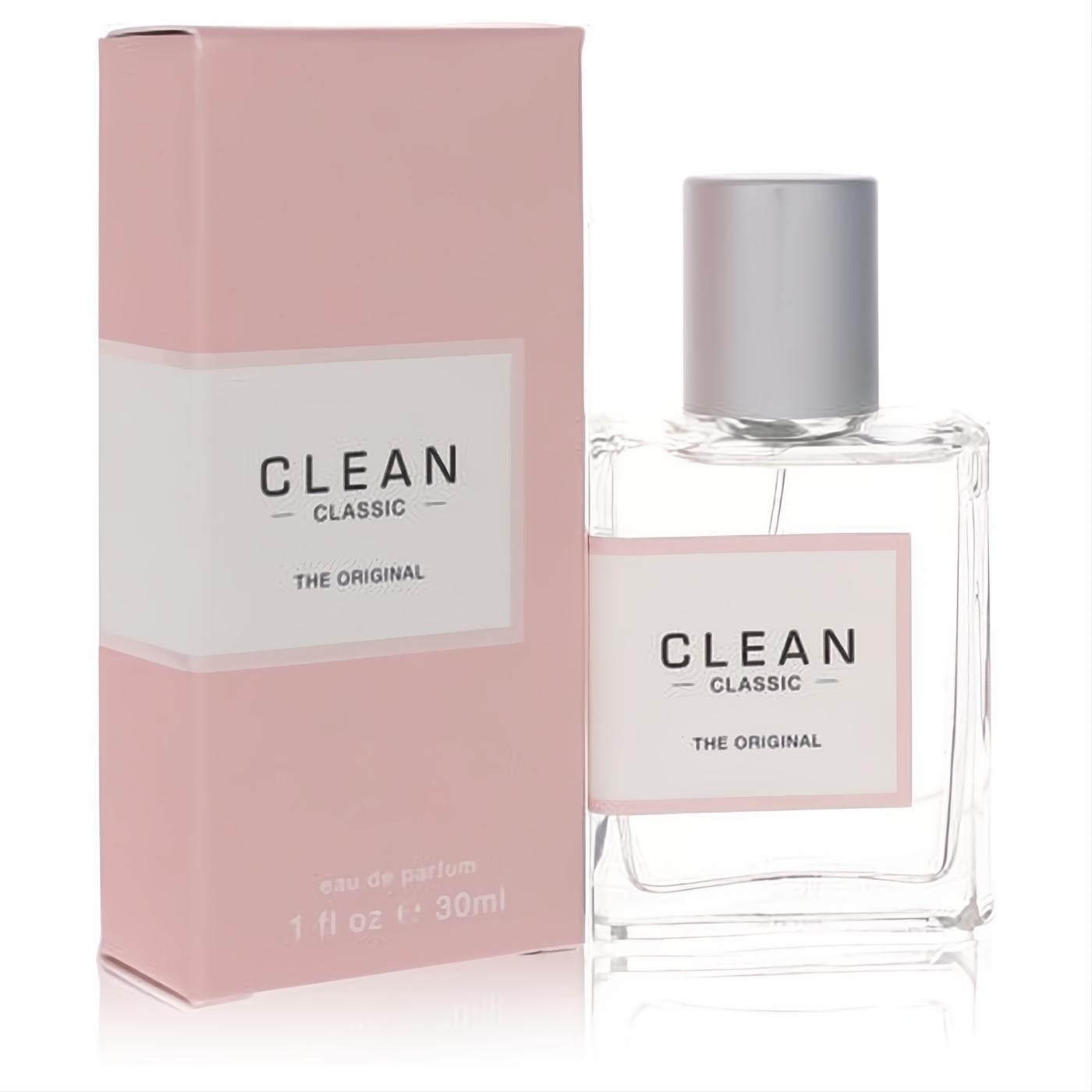 Experience Clean Classic The Original 1 oz eau de parfum. Clear glass spray bottle with silver cap and minimalist pink box.
